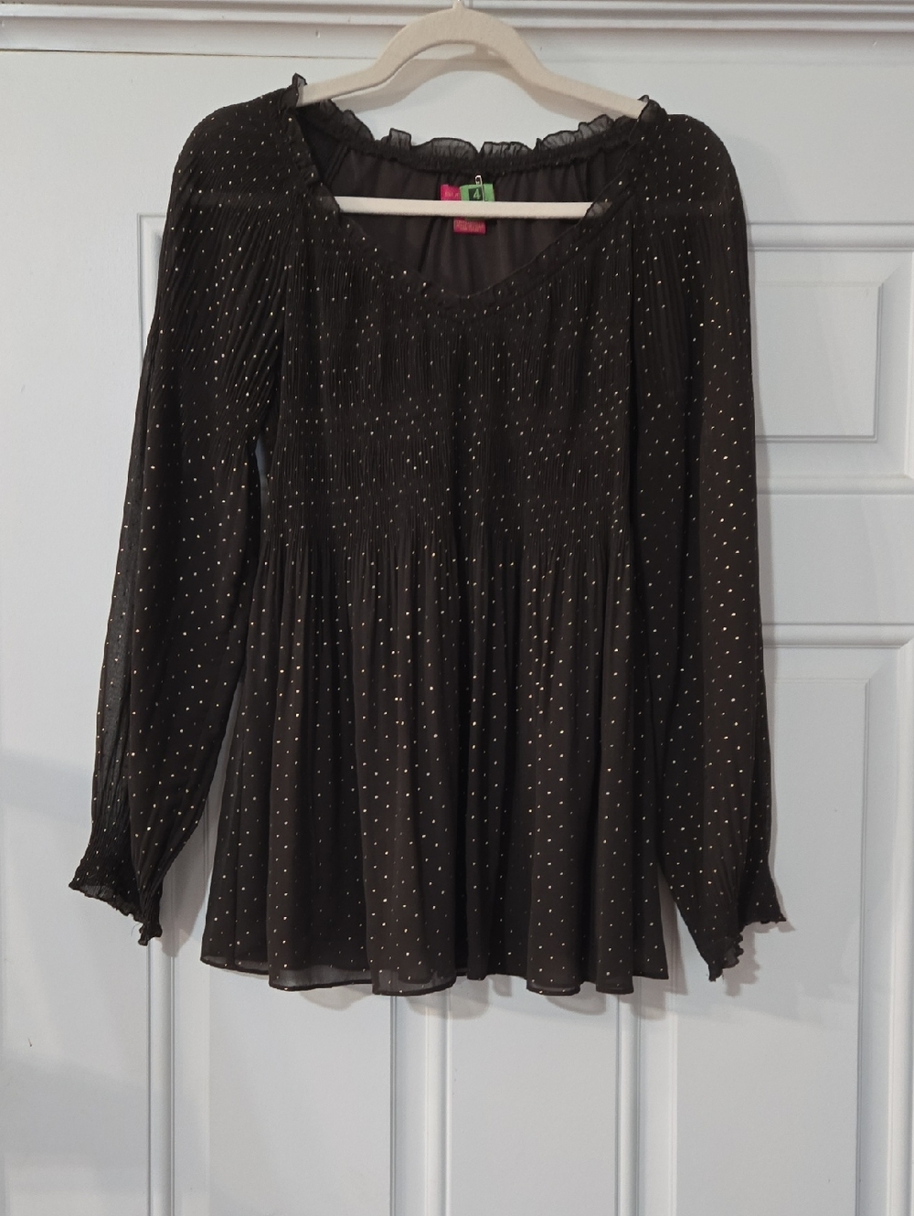 Sheer Brown Blouse with Gold Dot Accents